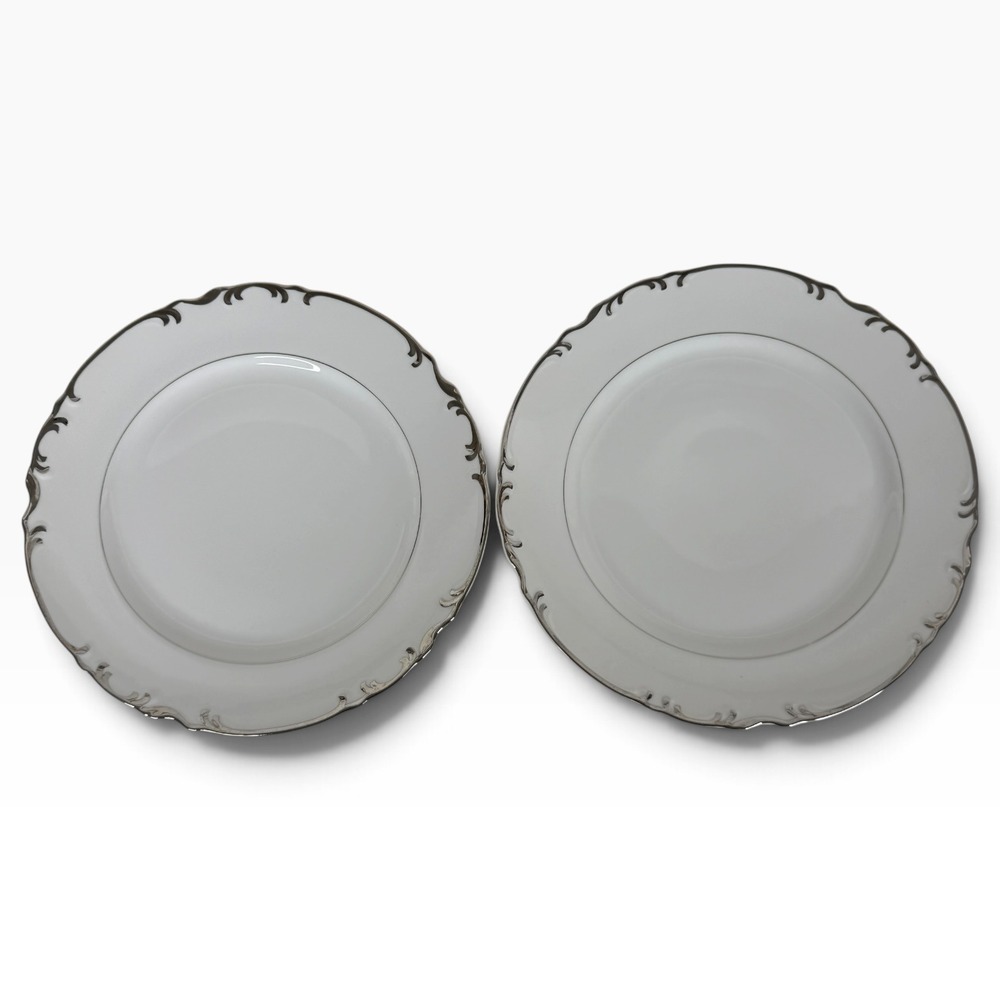 2 Mikasa Dinner Plates Fine China White Marlboro 9267 Platinum Trim Set 10.5"